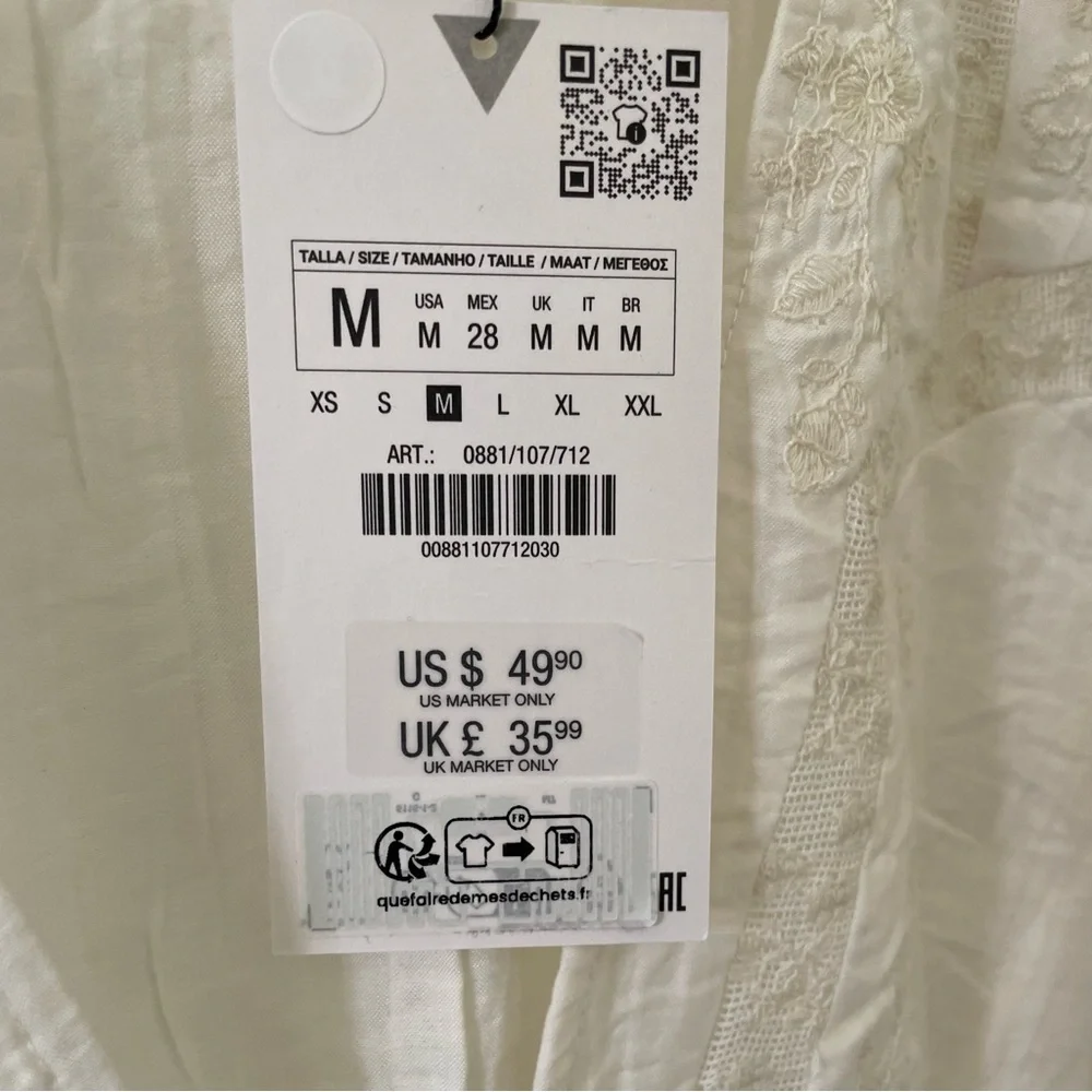 NWT Zara Embroidered Pleated V-neck Blouse in White - M